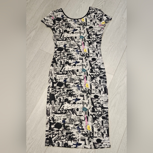 Topshop Graphic Print Midi Dress with Yellow and Pink Accents - Picture 1 of 4